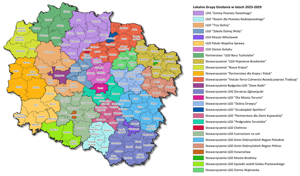 Obraz zawierający wielobarwną mapę z obszarami tworzącymi poszczególne lokalne grupy działania województwa kujawsko-pomorskiego.