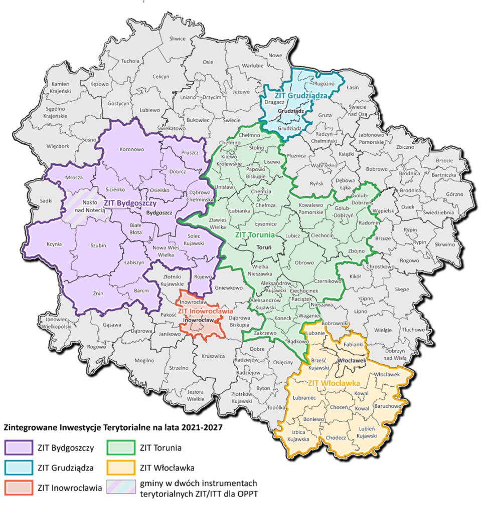 Obraz zawierający mapę, która wskazuje miasta i gminy wchodzące w skład poszczególnych ZIT.