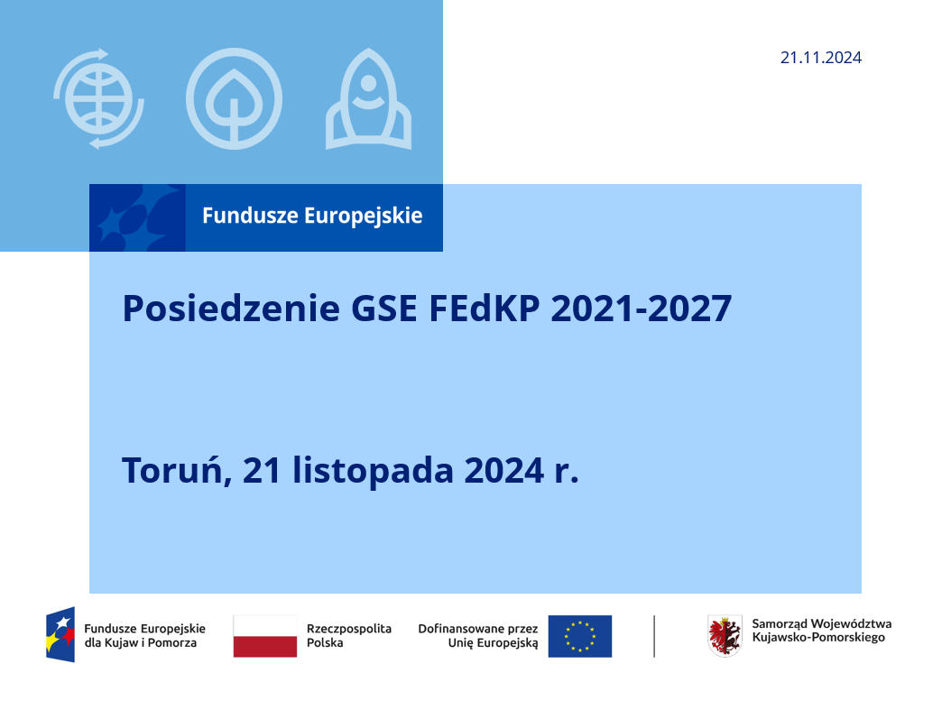 Slajd tytułowy z prezentacji przygotowanej na spotkanie Grupy Sterującej ewaluacją FEdKP 2021-2027.