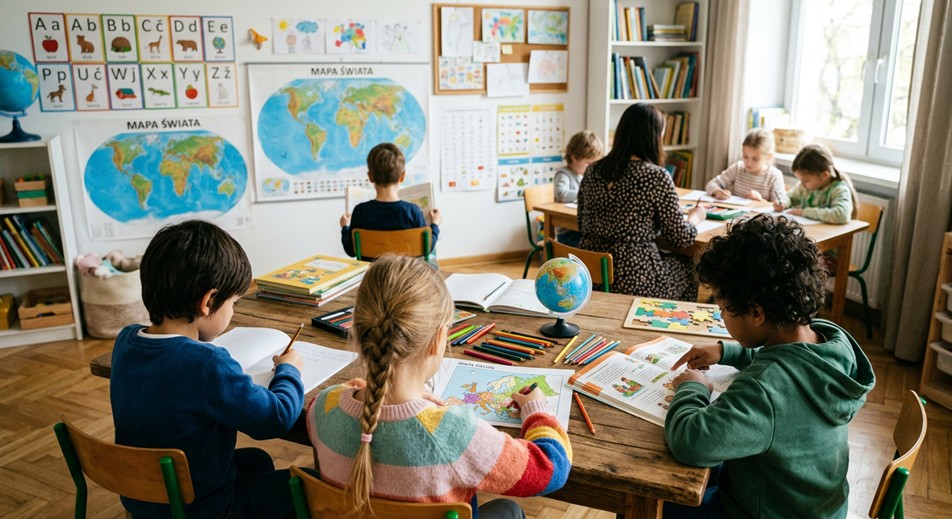 Zdjęcie przedstawia awidok klasy szkolnej. Dzieci siędzą przy biurkach i notują w zeszytach.